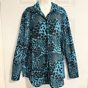 Susan Graver Style Button Up Blouse Top SZ 1X Animal Print Wild‎ Chic Glam